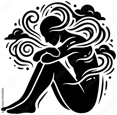 Woman with flowing hair sitting in dynamic pose with swirling lines