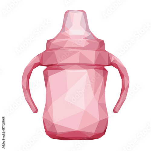 Geometric pink sippy cup with handles isolated on white background, polygonal design