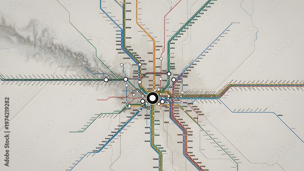 Fototapeta premium Intricate metro style map illustrating a vast transportation network over a region.