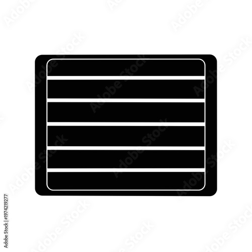 Rectangular vent panel with horizontal slats isolated on a white background, featuring a minimalist black and white design