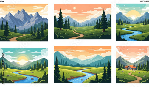 Scenic Nature Background Set – Mountain Forest Valley and Village River Vector Illustration