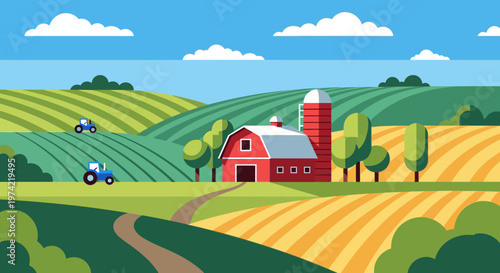 Vibrant Farm Landscape with Red Barn, Tractors, and Rolling Fields