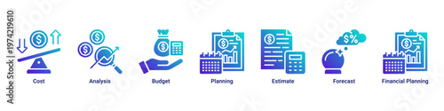 Cost Strategy web banner icon vector illustration with icons of Cost,Analysis,Budget,Planning,Estimate,Forecast and Financial Planning