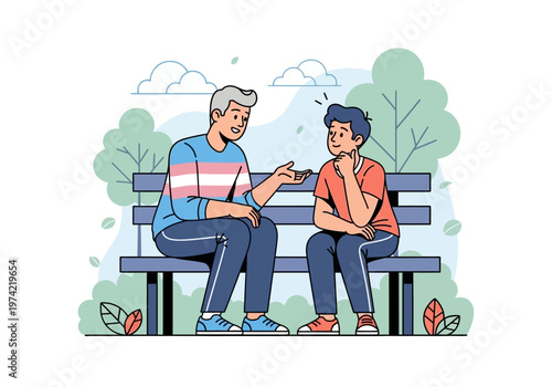 Two men discussing topics on a park bench with lgbt pride colors in their clothing