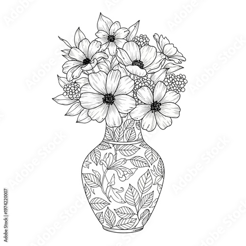Elegant floral arrangement in a decorative vase, line art illustration