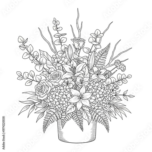 Elegant Floral Arrangement in a Vase: Roses, Lilies, Hydrangeas, and Ferns