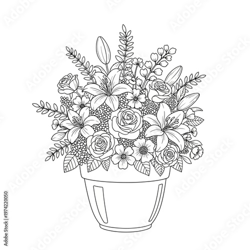 Elegant floral arrangement in a pot, line art, black and white, for coloring