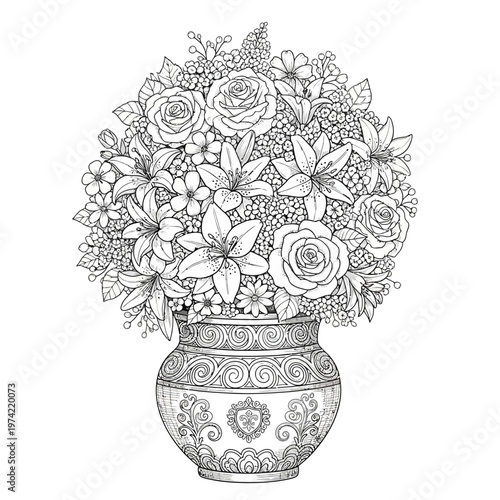 Elegant Floral Arrangement in Decorative Vase - Black and White Line Art