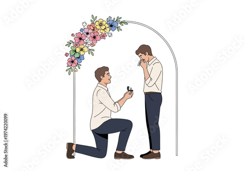 LGBT wedding proposal illustration A man on one knee offering an engagement ring to his partner under a floral archway