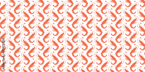 Red shrimp seamless pattern for seafood restaurant menu design. Marine food pattern