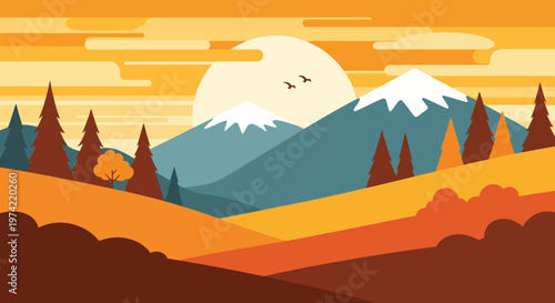 Vibrant Autumn Landscape with Snow-Capped Mountains and Sunset