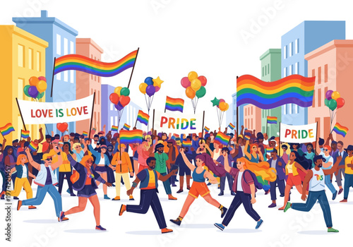 People marching in a pride parade holding rainbow flags and balloons in a city