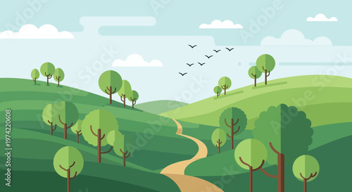 Flat Design Landscape with Winding Path and Green Hills, Trees, and Birds