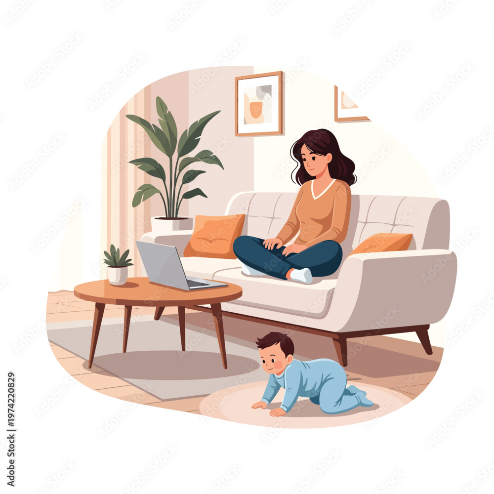 Fototapeta premium Young mother working from home on laptop with baby nearby