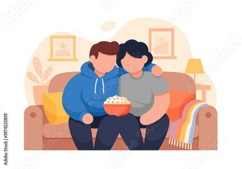 Cozy Couple Enjoying a Movie Night with Popcorn on the Sofa, Relaxing Together at Home