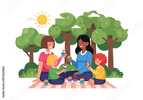 Family picnic in the park enjoying cupcakes amidst lush green trees and sunshine