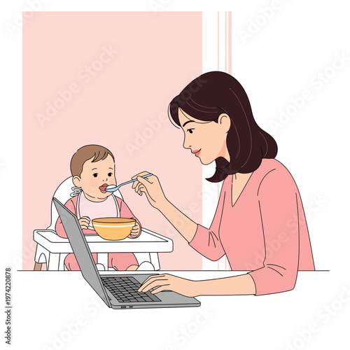 Busy mom spoon feeding toddler while working on computer