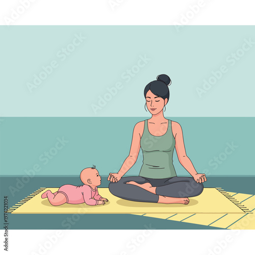 Woman doing meditation or yoga with baby on floor