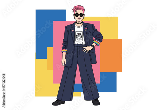 A Stylish Person Poses Confidently in a Modern Abstract Background