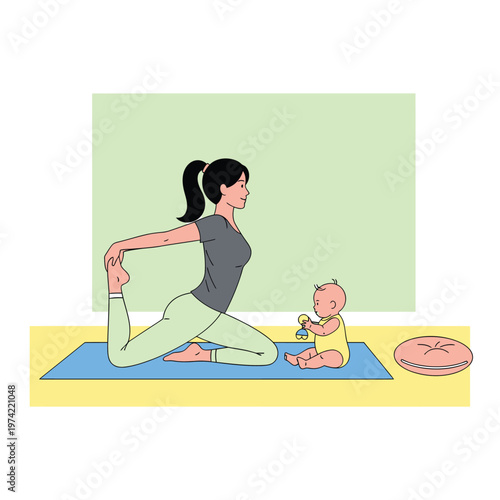 Young mother practicing yoga on mat with baby watching