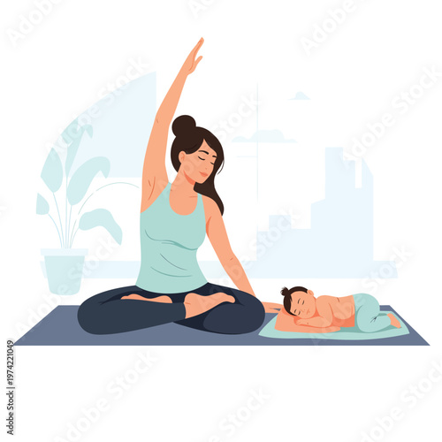 Mother stretching in yoga pose next to sleeping baby