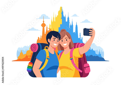 Two happy people taking a selfie while traveling with backpacks and a cityscape background