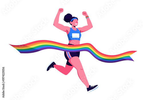Illustrative image of a triumphant athlete breaking through a rainbow-colored finish line ribbon
