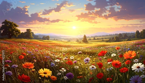 Vibrant sunset over a colorful flower field