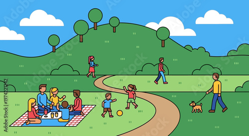 Family picnic in a park with people walking and playing, sunny day, green hills, blue sky