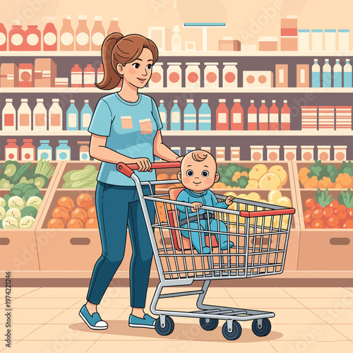 Young mother pushing shopping trolley with baby in grocery store aisle