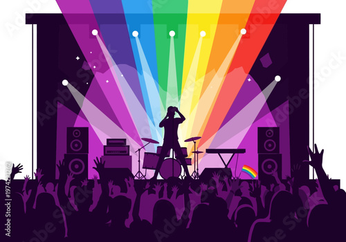 Rainbow stage lights illuminate a lively concert crowd with a silhouette of a musician performing