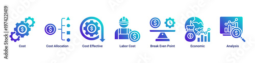 Cost Analysis web banner icon vector illustration with icons of Cost,Cost Allocation,Cost Effective,Labor Cost,Break Even Point,Economic and Analysis