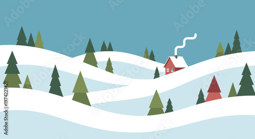 Cozy Cabin in Snowy Winter Landscape with Pine Trees and Blue Sky