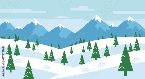 Winter Mountain Landscape with Snow-Covered Hills and Evergreen Trees