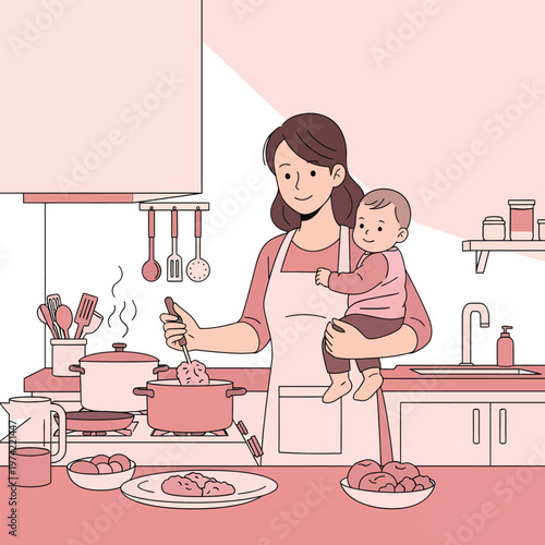Busy mother holding baby while preparing dinner in modern kitchen