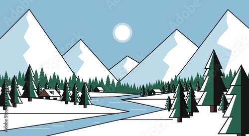 Winter Landscape with Snowy Mountains, River, and Forest Village