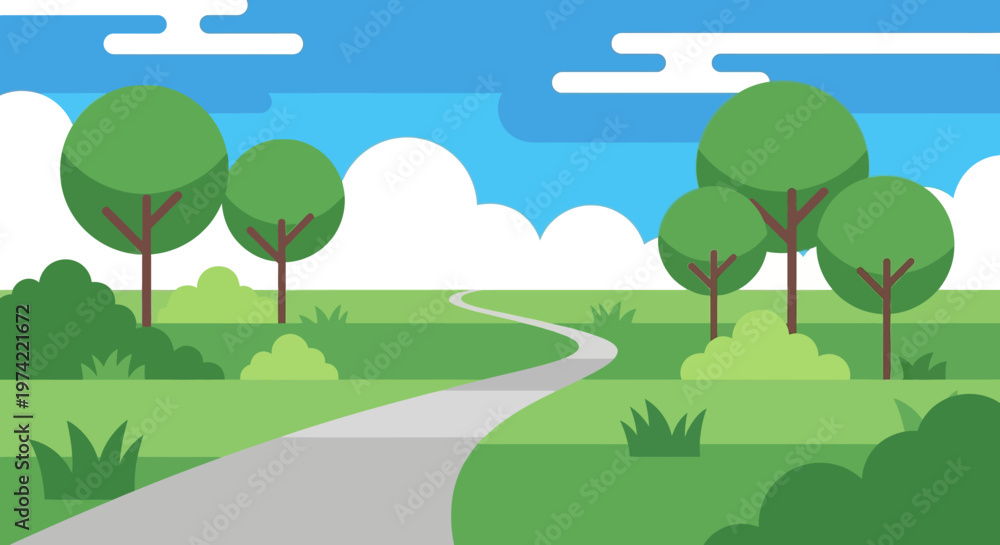 Fototapeta premium Scenic park path winding through lush green trees and grass under a blue sky with clouds