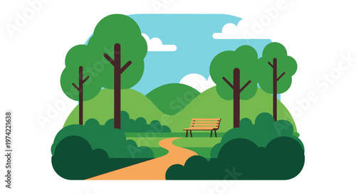 Serene Park Landscape with Bench and Winding Path