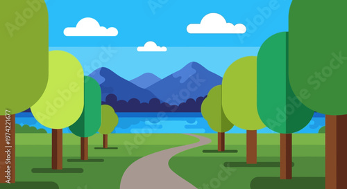 Scenic park path leading to lake and mountains, flat design illustration