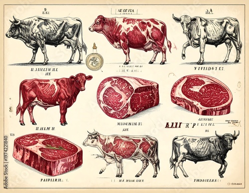 Vintage-style illustrations of cattle and cuts of beef