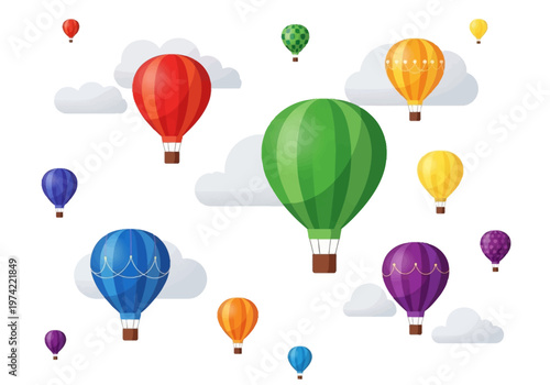 Hot air balloons of various colors flying in the sky with clouds, a vibrant and cheerful scene
