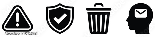 Cybersecurity threat and protection icon collection featuring phishing attack symbols, hacking risks, secure shield icons, encryption and data safety elements