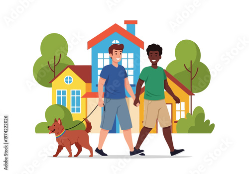 A happy gay couple walking their dog in a suburban neighborhood with houses in the background