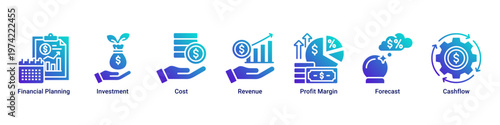 Finance Strategy web banner icon vector illustration with icons of Financial Planning,Investment,Cost,Revenue,Profit Margin,Forecast and Cashflow