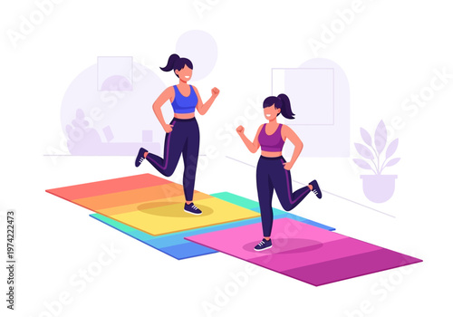Illustration of two women exercising on yoga mats, promoting health and fitness activities