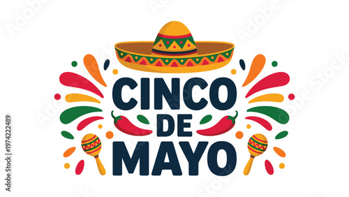 Cinco de mayo festive typography with sombrero and maracas colorful celebration banner design symbolizing mexican culture tradition and holiday spirit