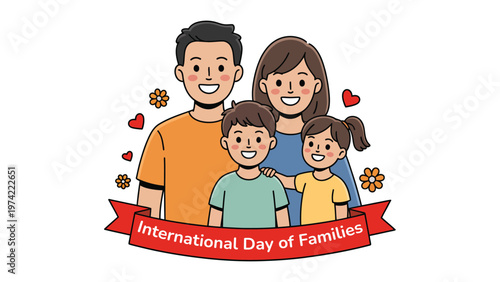 International day of families cartoon illustration with smiling parents and children ribbon banner symbolizing love unity happiness and family togetherness