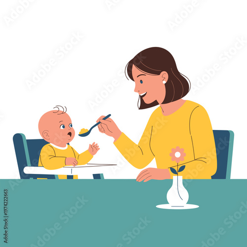 Mother feeding healthy puree to baby boy in high chair illustration
