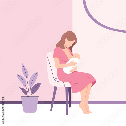 Mother breastfeeding newborn baby sitting on chair in purple room