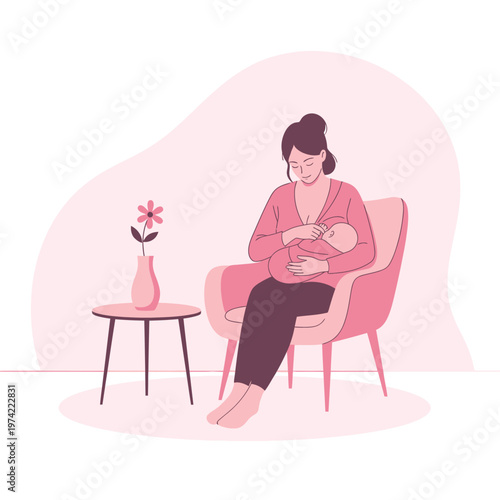 Mother nursing baby in pink armchair next to flower vase
